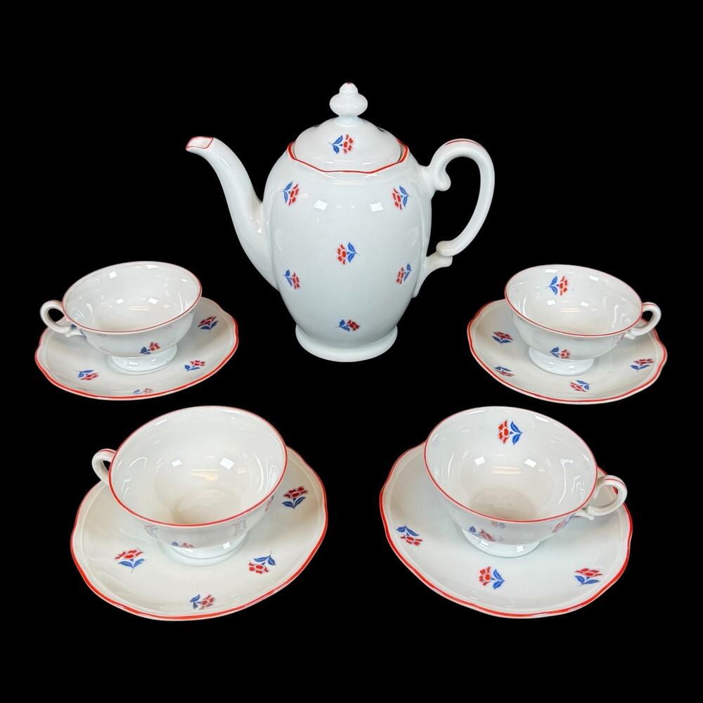 9pc KPM Germany Porcelain Tea Set Teapot Cups Plate white flowers vintage